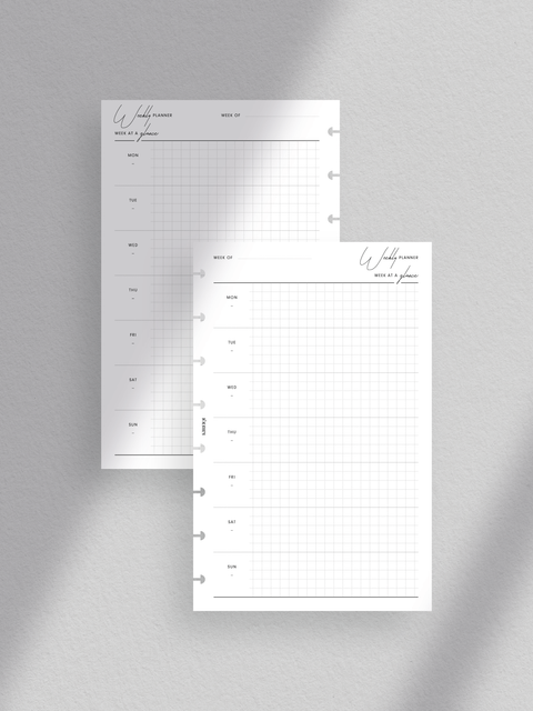 A minimalist Half-Letter size weekly planner template. The sleek design features clean lines and a luxe aesthetic, ideal for efficient organization and productivity. With a week-on-one-page layout, this digital printable template helps users manage their schedules, tasks, and goals effectively.