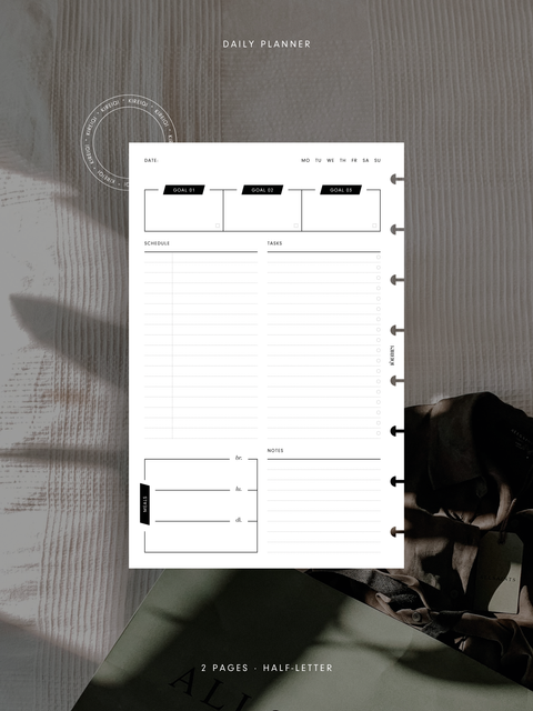 Half-Letter size, daily planner with a schedule section, top priorities, task list, meal plan, and notes area to help organize your day efficiently. PDF file, digital download.