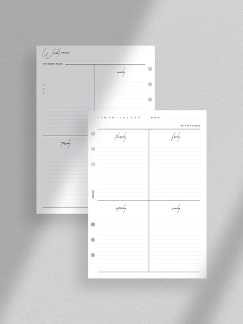 Weekly planner, A5 size, planner printable template for organization and planning, minimalist clean design, luxe, elegant, luxury aesthetic, vertical overview, PDF file, ready to print at home, digital download.