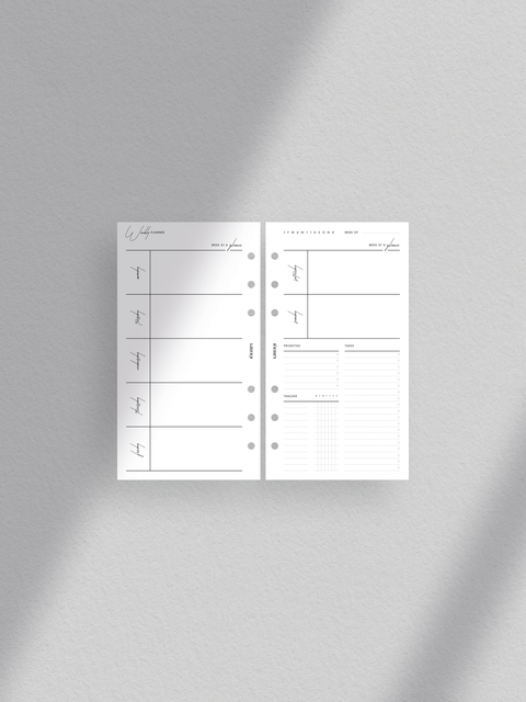Personal size. Comprehensive weekly planner layout. Includes week at a glance, priorities, tasks, tracker. Features week on two pages design. Minimalist and sleek aesthetic. Perfect for efficient organization and goal achievement.