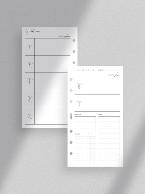 Personal size. Comprehensive weekly planner layout. Includes week at a glance, priorities, tasks, tracker. Features week on two pages design. Minimalist and sleek aesthetic. Perfect for efficient organization and goal achievement.