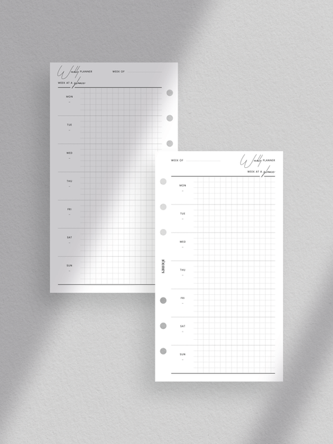 Personal size, weekly planner printable, Clean, sleek aesthetic luxe design layout, Minimalist style for modern organization, Instant digital download in PDF file format, Print at home for convenience, Week at a glance on one page.
