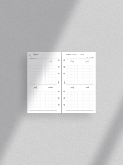 Weekly planner printable template for personal size planners. The design is clean, minimalist, and aesthetically pleasing, featuring a week-on-two-pages layout with a dedicated section for weekly focus on objectives and goals.
