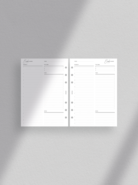 Elegant daily planner printable template with minimalist design, featuring hourly schedule, tasks/to-do section, notes section, and top three goals/priorities section. Ideal for organized scheduling and productivity. Digital download in PDF format for printing at home.