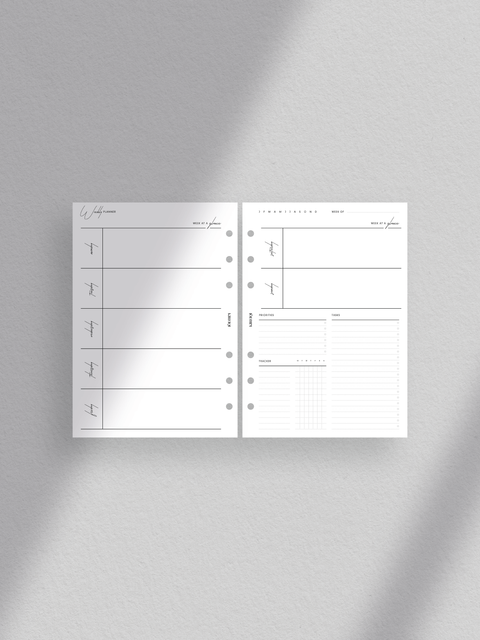 Personal Wide size. Comprehensive weekly planner layout. Includes week at a glance, priorities, tasks, tracker. Features week on two pages design. Minimalist and sleek aesthetic. Perfect for efficient organization and goal achievement.