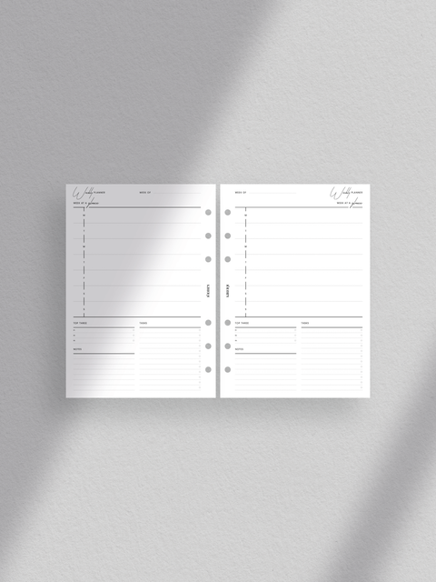 Personal wide size planner, weekly planner printable template, digital download, pdf file format, ready to print, week on one page, clean, minimalist layout design, aesthetic, luxury. Section for week at a glance, to-dos and tasks, and goals and objectives.