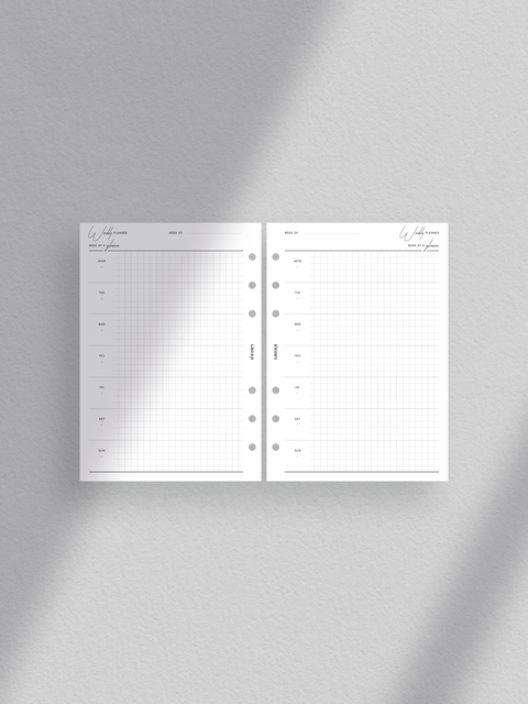 Personal wide size, a luxury minimalist weekly planner printable in PDF format, accessible for digital download. Clean design with modern aesthetics, featuring sections for each day of the week. Offers ample space for scheduling appointments, tasks, and notes. Ideal for individuals seeking stylish and functional organizational tools.