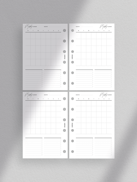 Monthly planner calendar with a vertical overview. Clean, minimalist aesthetic with a touch of luxury design layout. Pocket size planner printable template in PDF file format. Digital instant download for instant access. Undated calendar for flexible use.