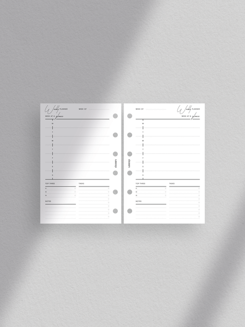 Pocket size,  Weekly planner printable with clean minimalist aesthetic. Week on one page layout in PDF file format. Digital download. Printable planner template. Sections for weekly schedule, notes, top three goals and objectives, and tasks/to-do.