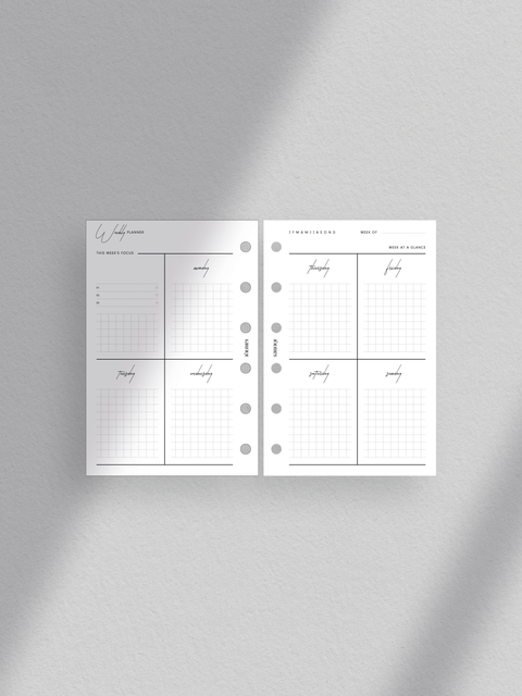 Weekly planner printable template for Pocket size planners. The design is clean, minimalist, and aesthetically pleasing, featuring a week-on-two-pages layout with a dedicated section for weekly focus on objectives and goals.