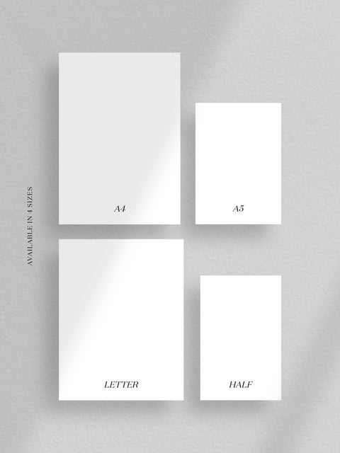 A digital download template in PDF file format, showcasing four sizes: A4, A5, US Letter, and Half Letter size, specifically designed for printable planners.