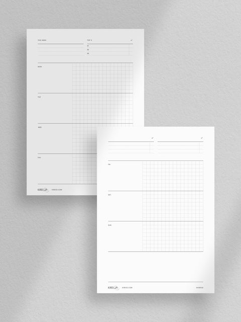 A versatile Weekly Planner Digital Download, offered in PDF format and four convenient sizes: A4, A5, US Letter, and Half-Letter. This printable planner features a minimalist aesthetic design with a spacious grid layout for each day of the week. Noteworthy sections include top 3 goals of the week, as well as dedicated spaces for important tasks and to-dos.